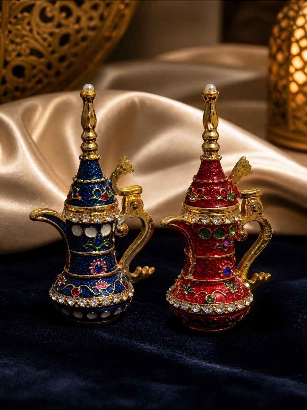 Vintage Arabic Coffee Pot Trinket Box Set (2) • Rhinestone Enamel Jewelled Decor